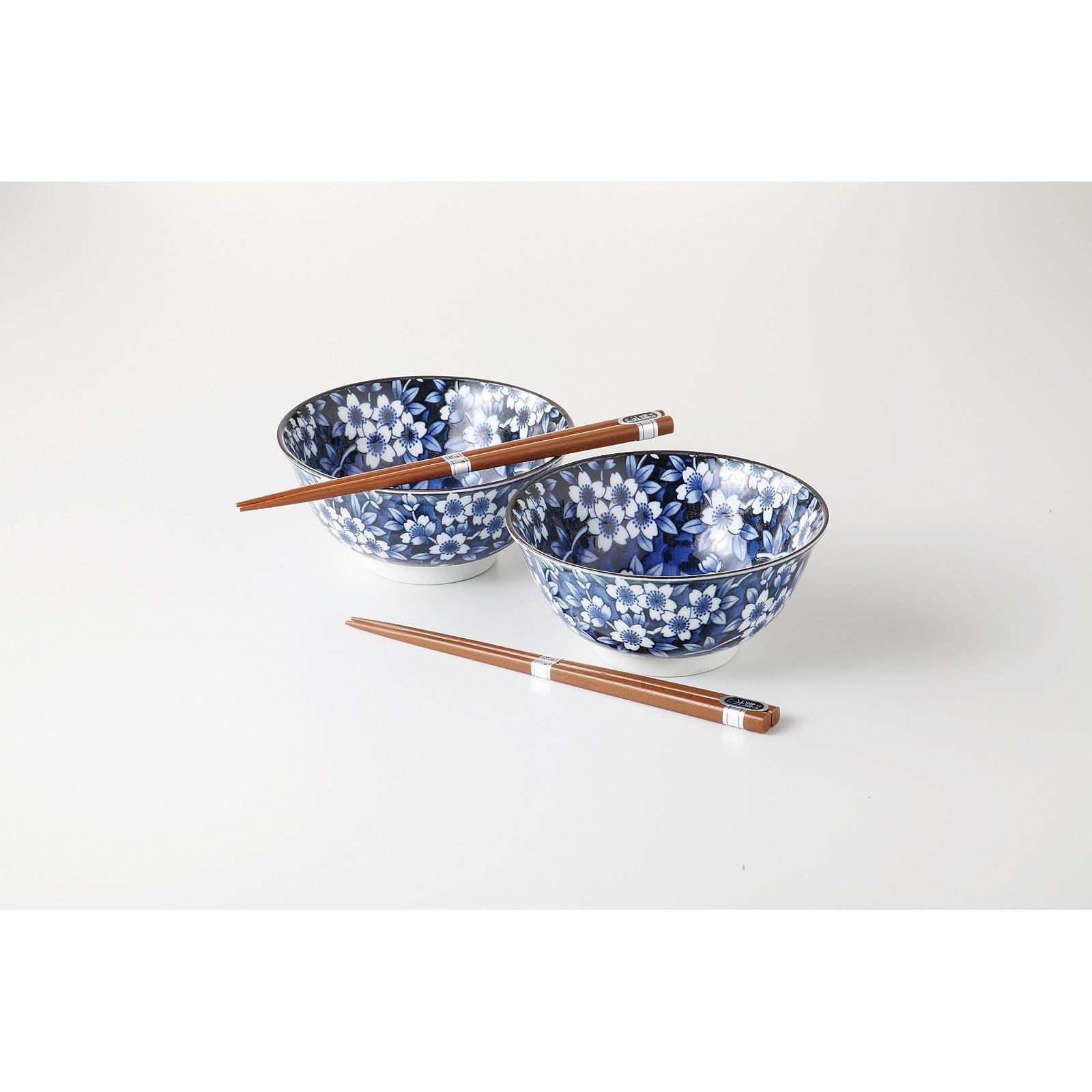Set 2 bols fleur bleu + 2 baguettes