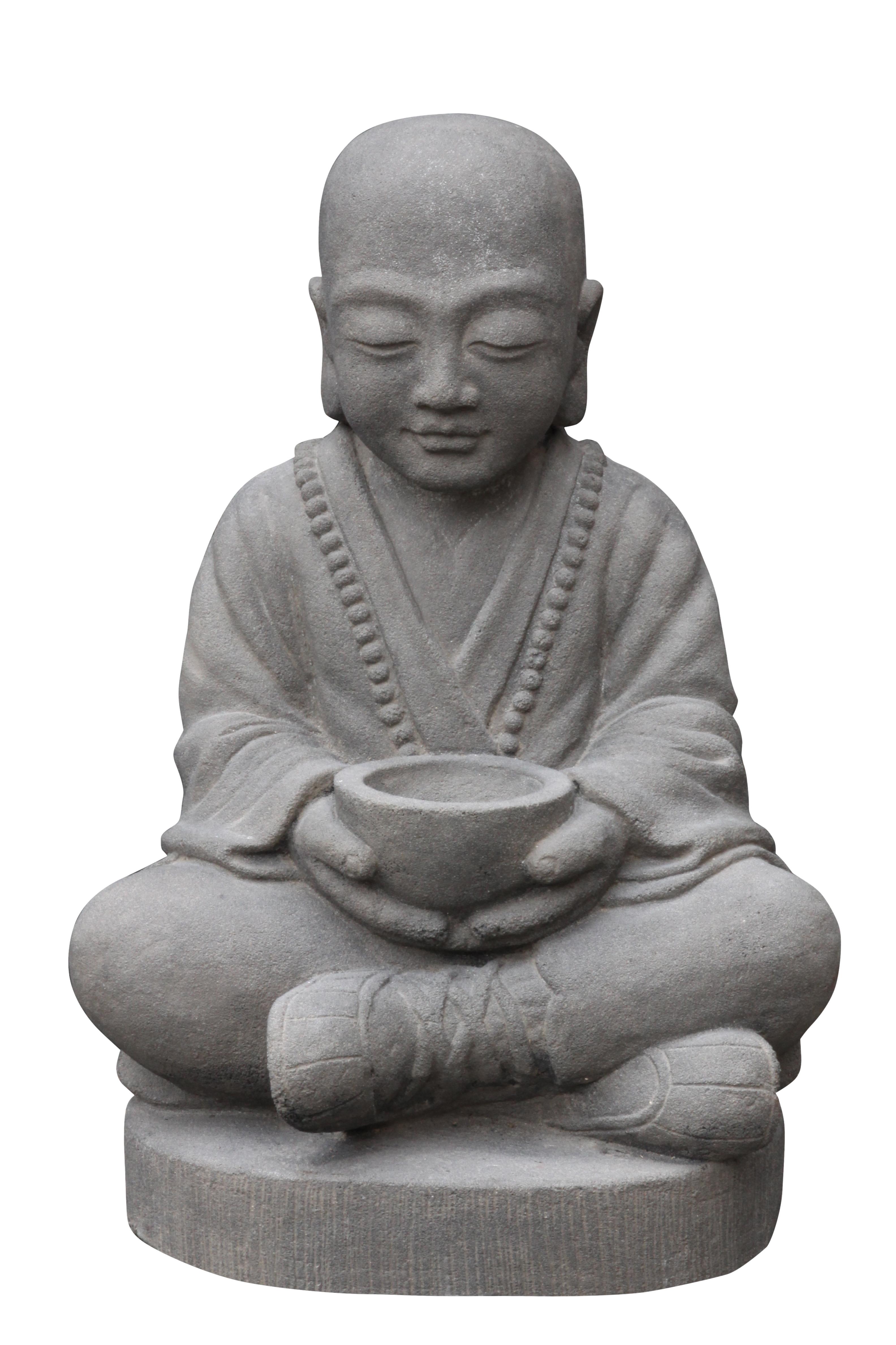 Moine assis avec bol, Pierre, sculptée, artisanal coloré