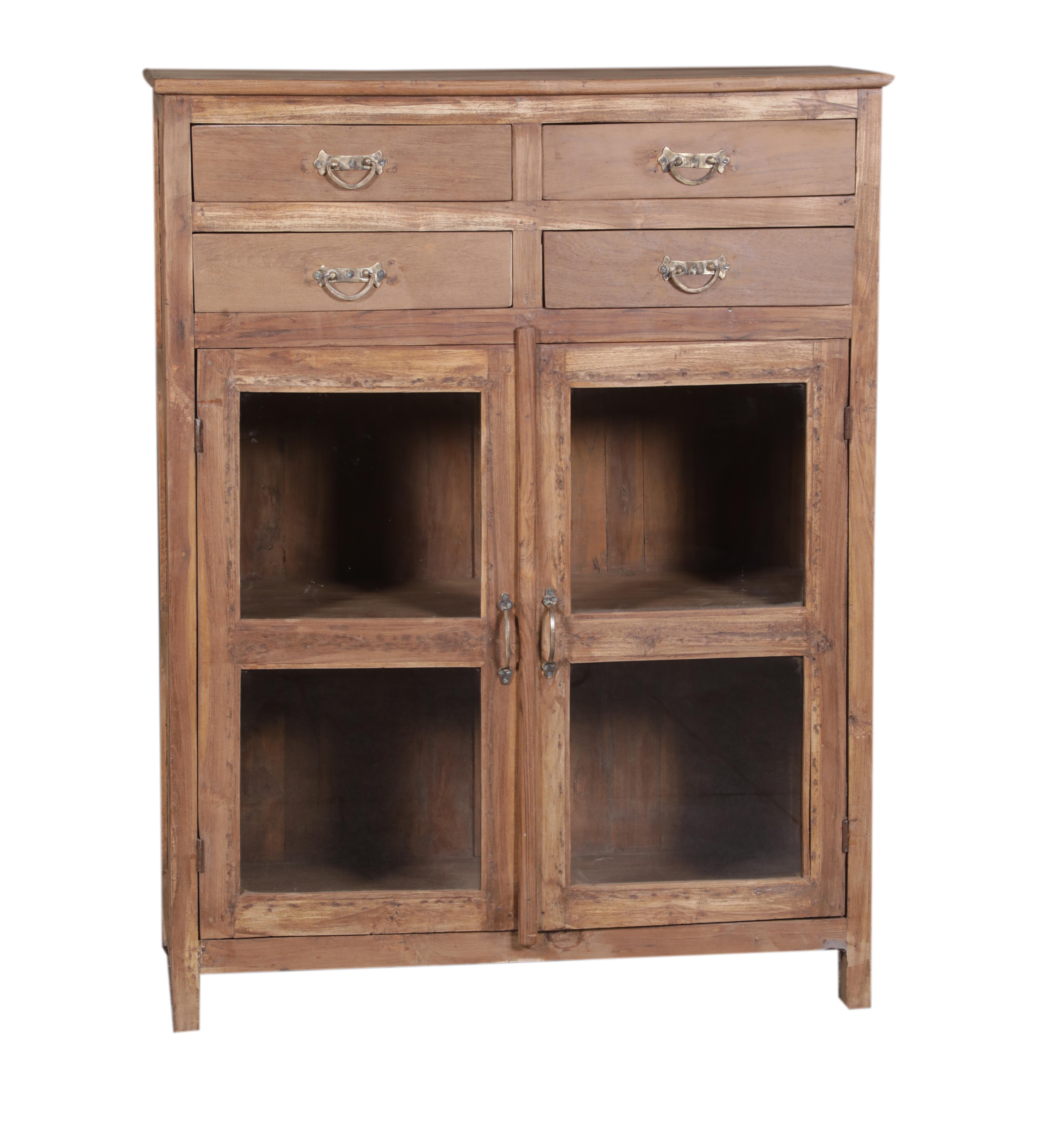 Buffet 4 tiroirs, 2 portes vitrées en teck ancien