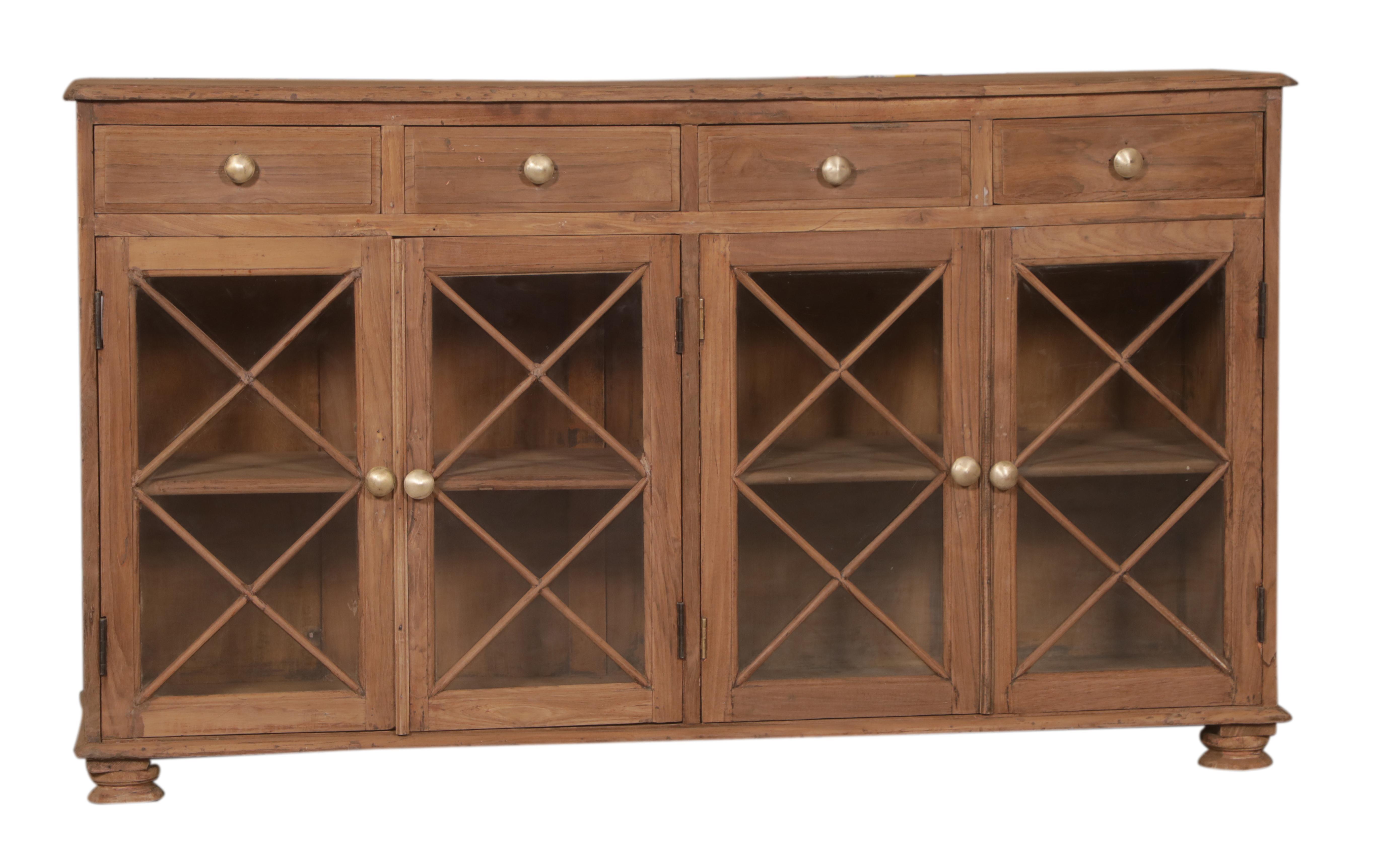 Sideboard 4 portes vitrées & 4 tiroirs en teck ancien