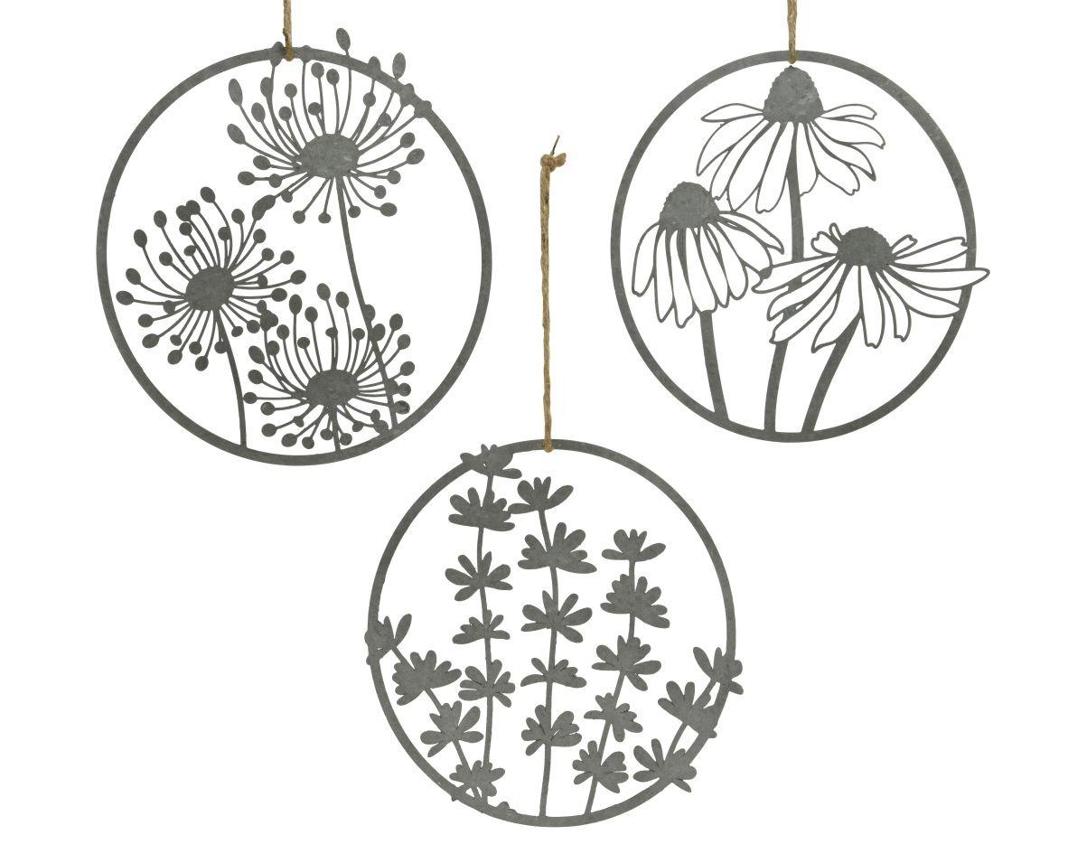 Deco murale fer cercle avec decoupe fleurs 3ass