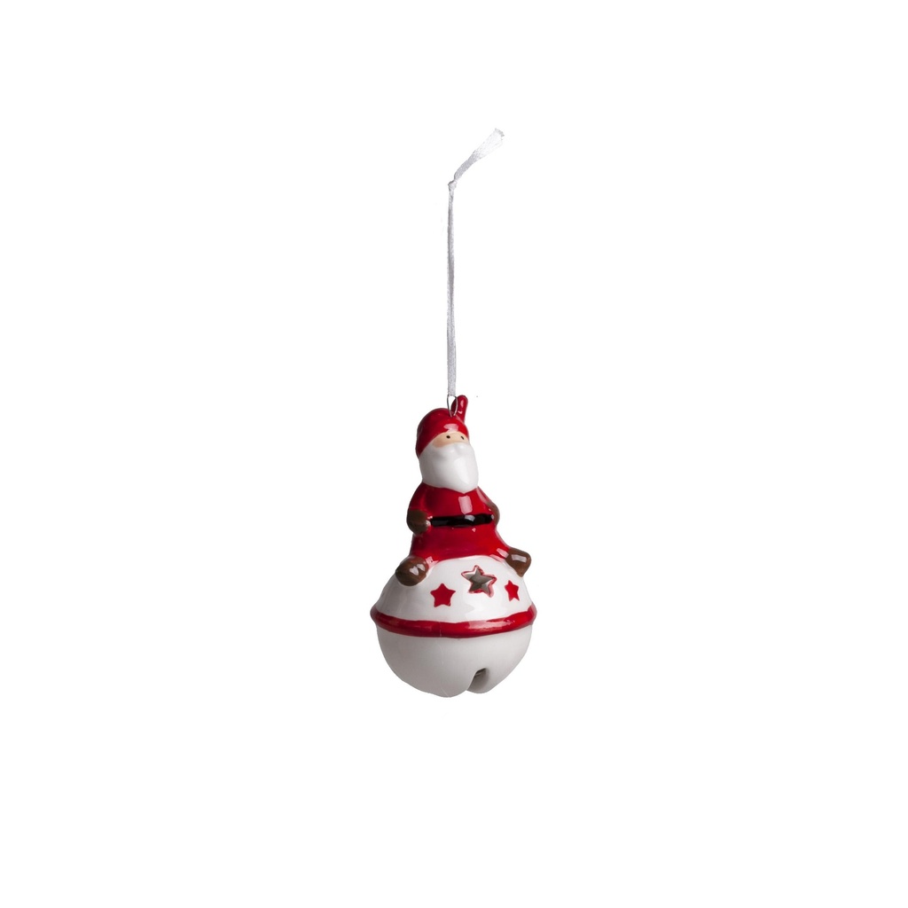 Père noël assis sur grelot à suspendre en porcelaine