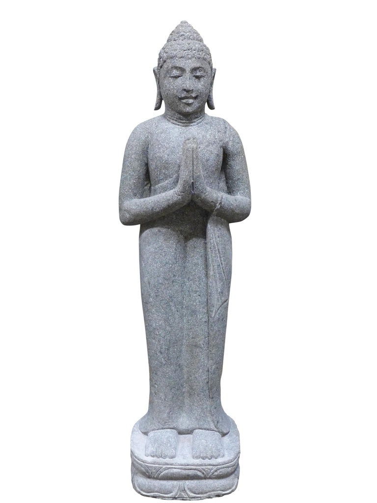 Bouddha debout, Inde, hauteur 120 cm, pierre naturelle (basanite), taille de pierre