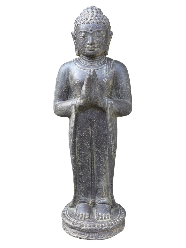 Bouddha debout, Inde, hauteur 60 cm, pierre moulée, fabrication artisanale & colorée