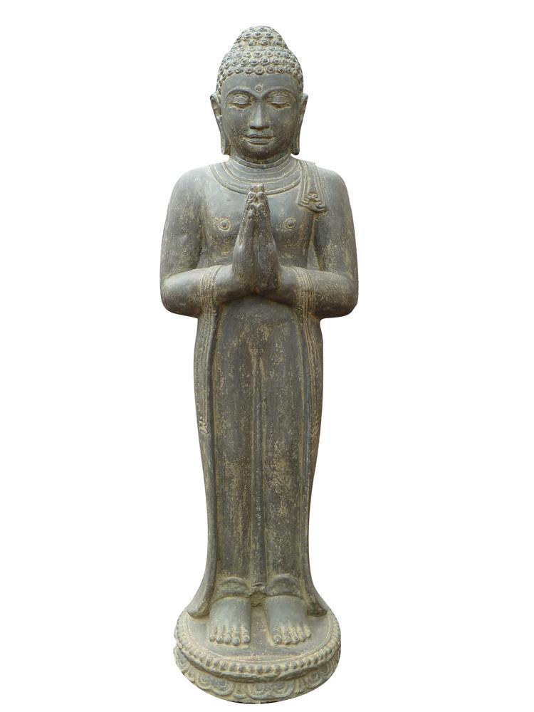 Bouddha debout, Inde, hauteur 80 cm, pierre moulée, fabrication artisanale & colorée
