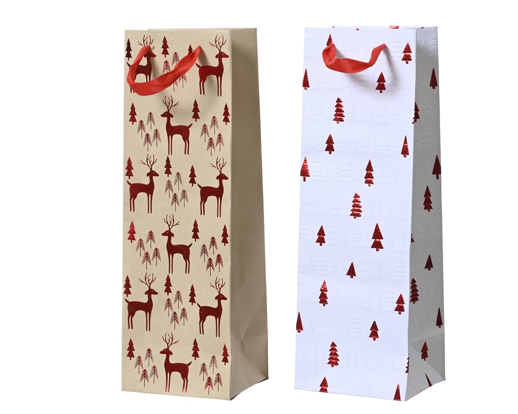 Sac Cadeaux bouteille Sapins rouge