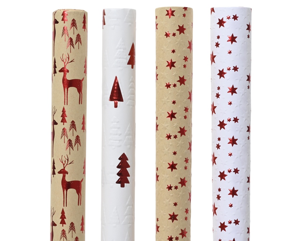 Papier Cadeaux en rouleau Sapins ou étoiles rouge