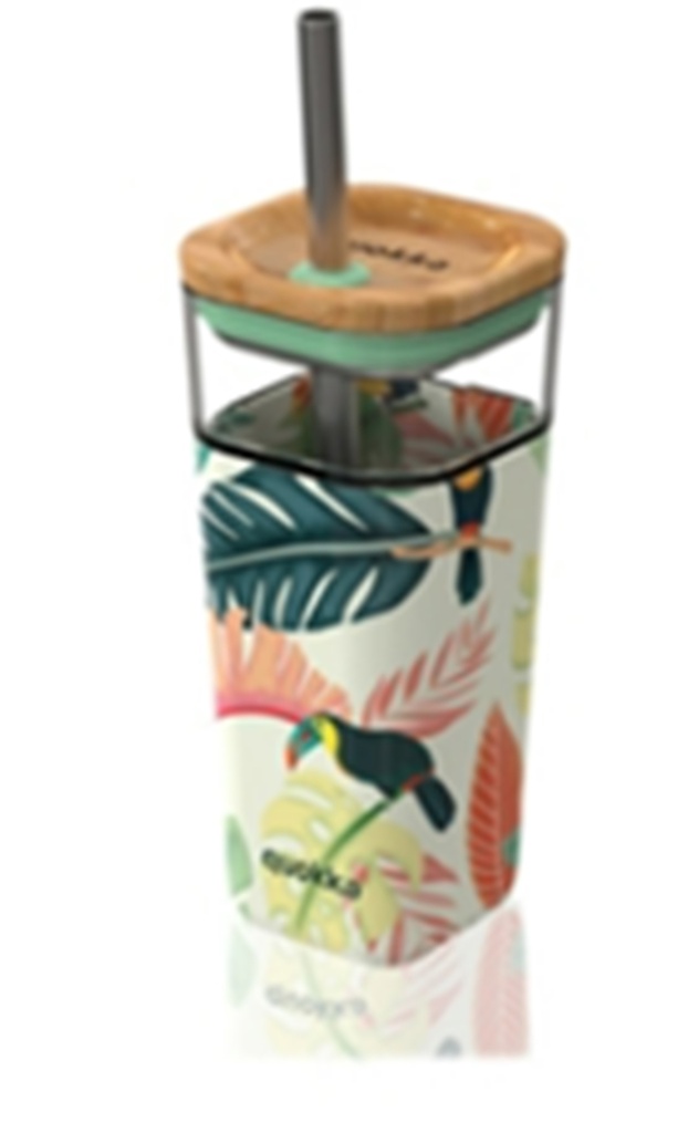 Mug en verre Liquid Cube Toucans, av. paille inox