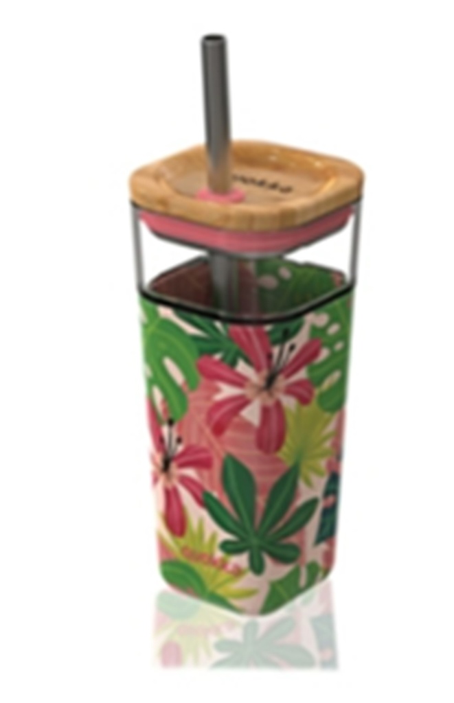 Mug en verre Liquid Cube Pink Jungle, av. paille inox