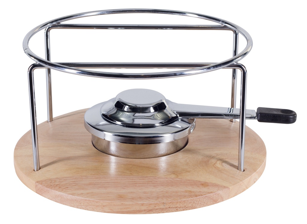 Réchaud pr fondue, chrome av. plat en bois