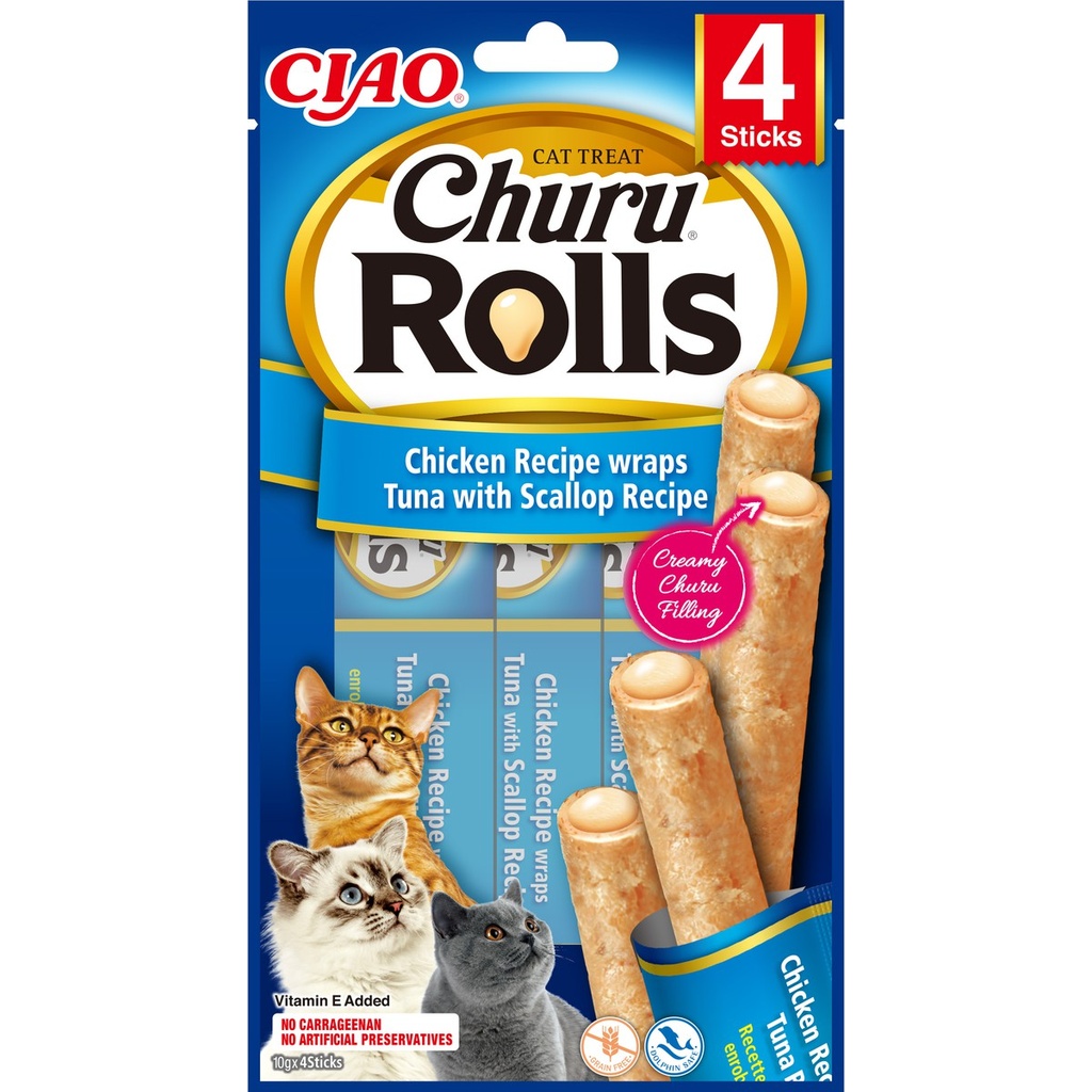Churu® Rolls Poulet enrobé de Thon et Pétoncles 4 Sticks à 10g