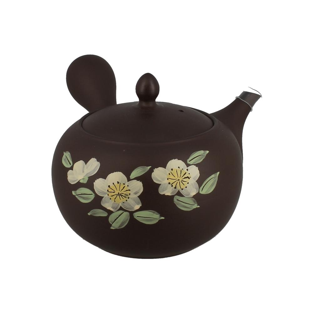 Théière en céramique Tokoname, brune fleurs blanches