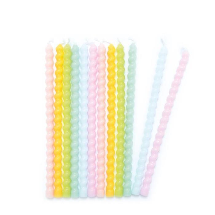 12 BOUGIES LONGUES TORSADEES PASTEL 12CM