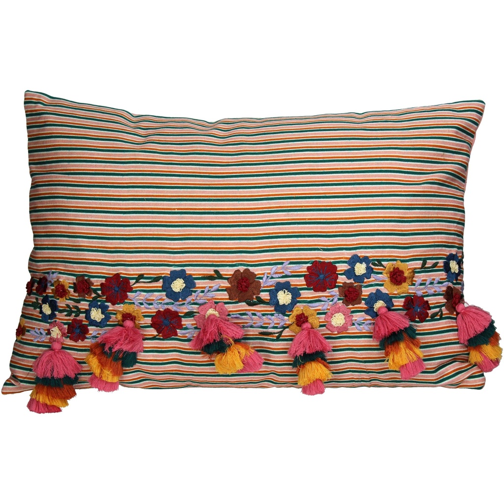 Coussin brodé avec pompons rectangle