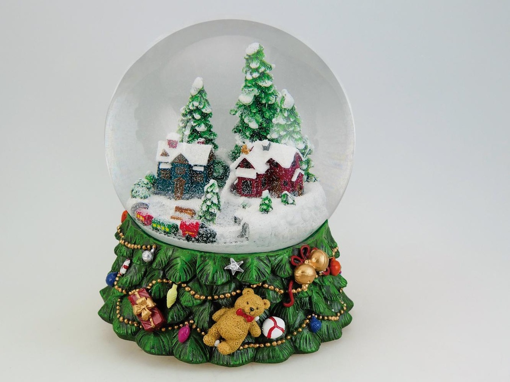 Boule à neige Maisons rouge & bleue avec train