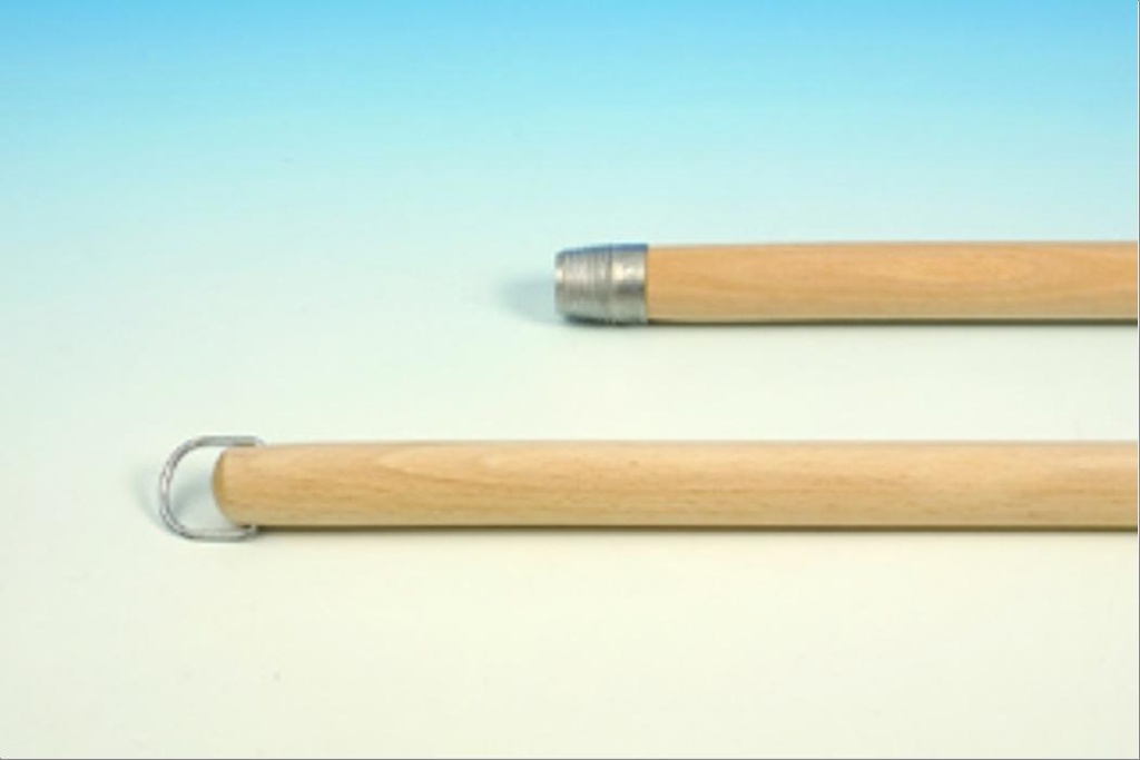 Manche en bois. 140 cm. Ø 2.4 cm bois de hêtre suisse brut. avec filetage métallique et crochet à suspendre