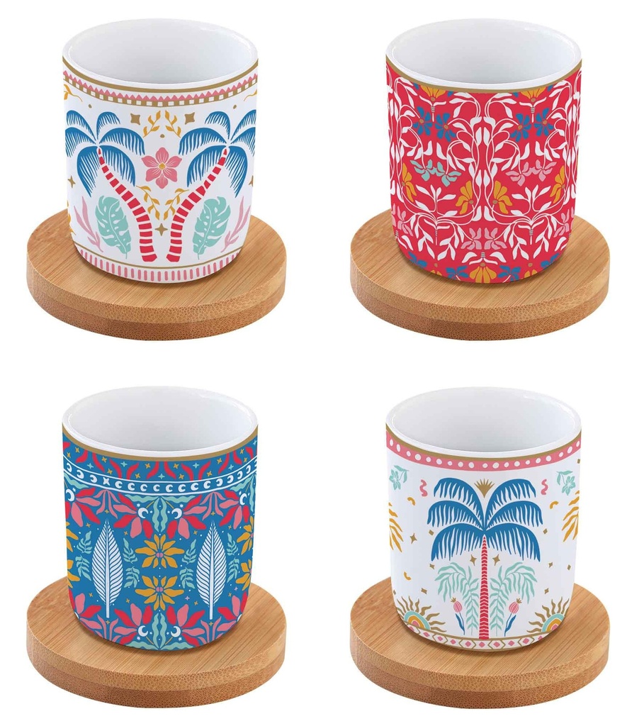 Coffret 4 Tasses expresso Tropical Groovy avec soucoupe en bambou