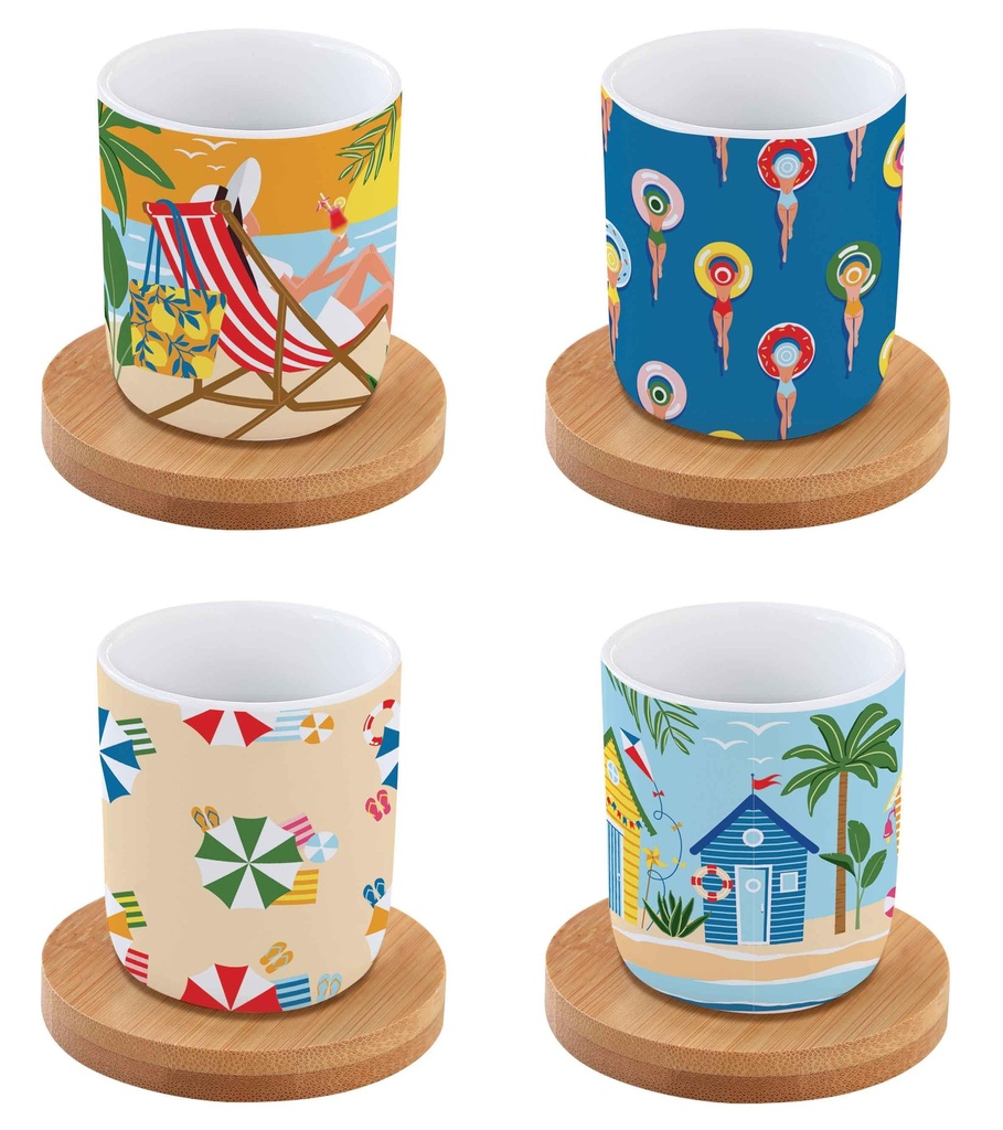 Coffret 4 Tasses expresso A La Plage avec soucoupe en bambou