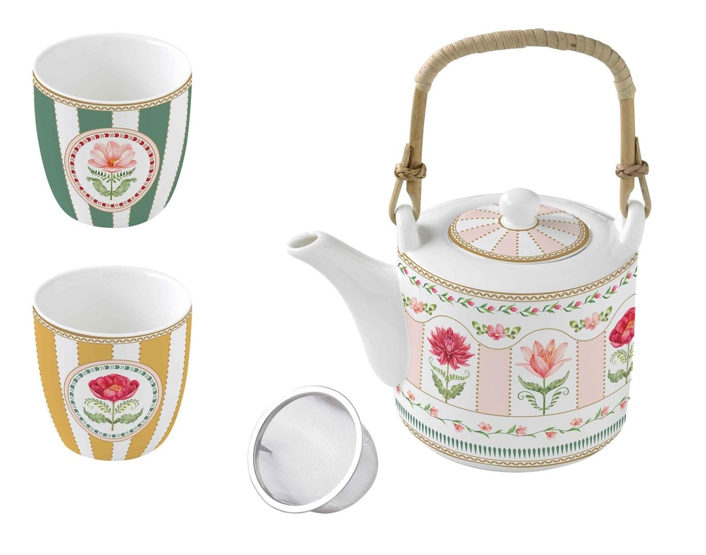 Théière & 2 tasses à thés Flowery avec boite cadeau