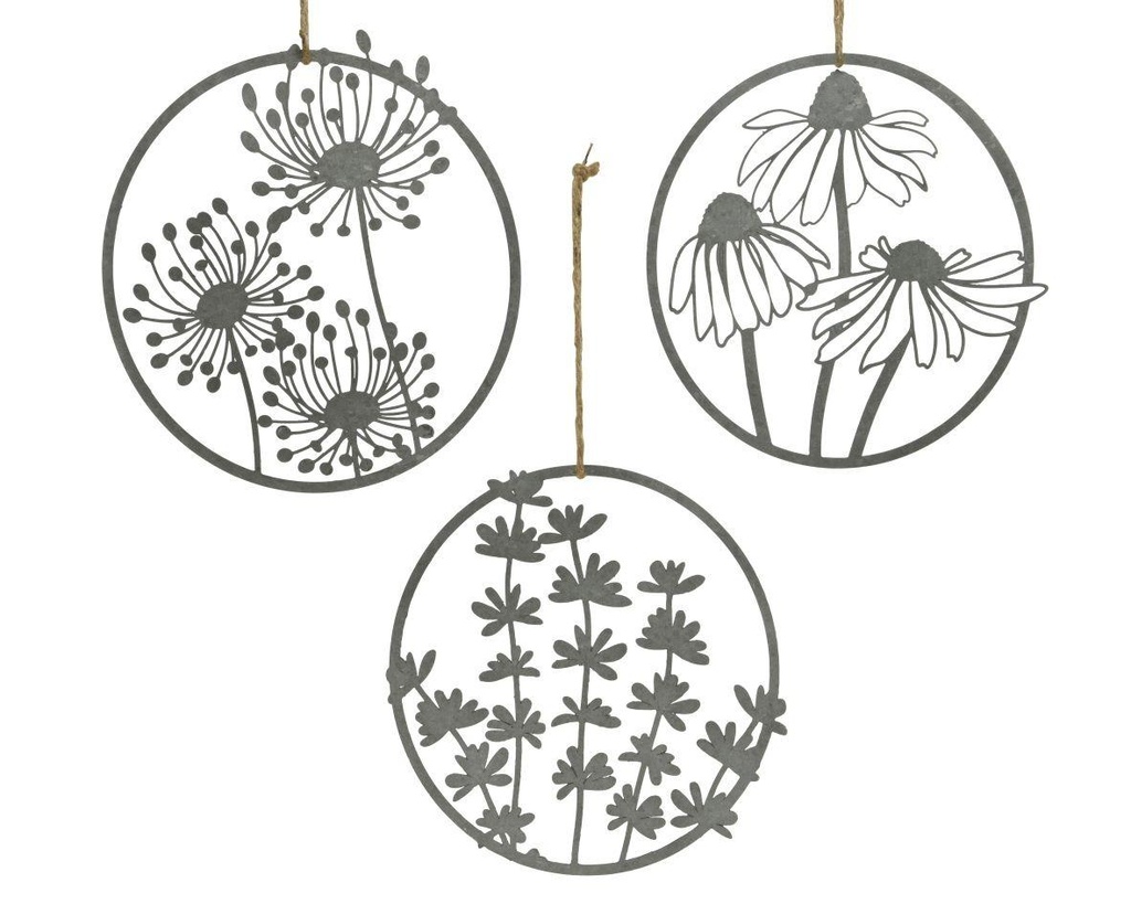 Deco murale fer cercle avec decoupe fleurs 3ass