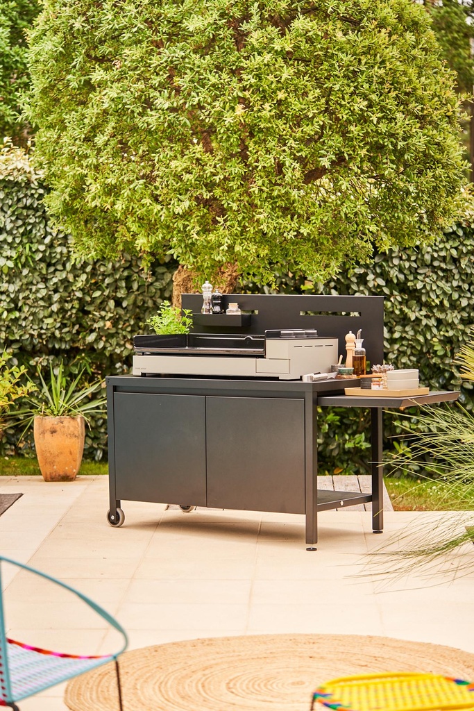 Table roulante credence acier ferme noir pour plancha