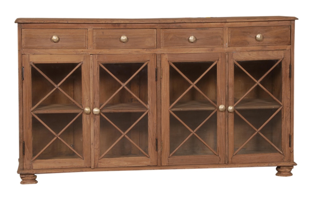 Sideboard 4 portes vitrées & 4 tiroirs en teck ancien