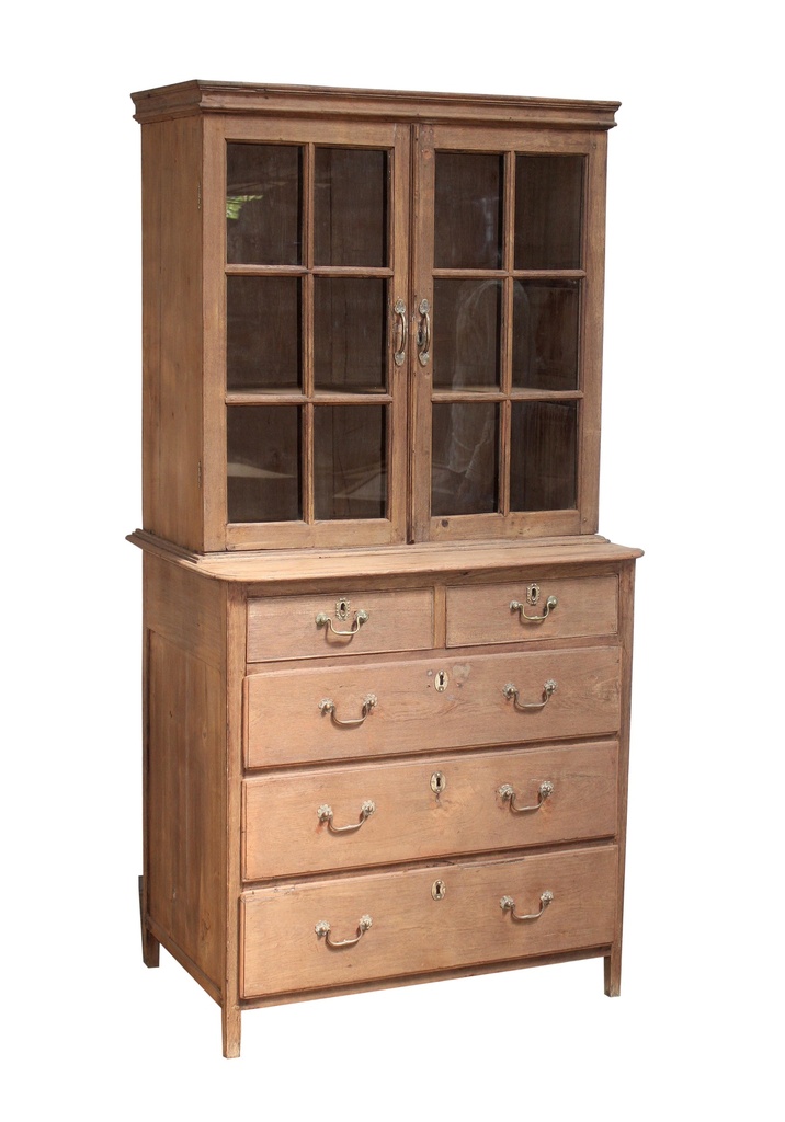 Vaisselier 2 portes vitrées & 5 tiroirs en teck ancien