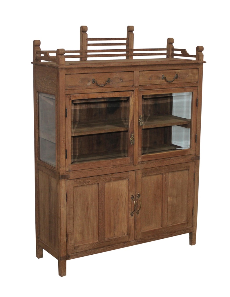 Vaisselier 2 tiroirs, 2 portes vitrées & 2 portes en teck ancien