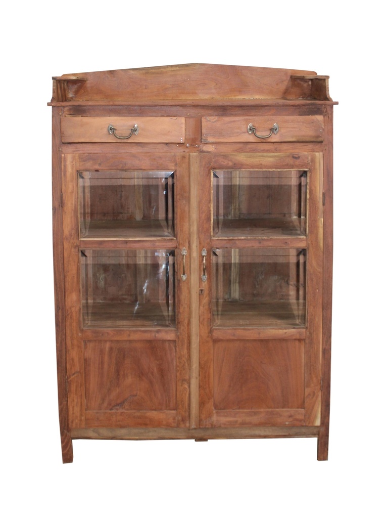 Vaisselier 2 tiroirs, 2 portes vitrées en teck ancien