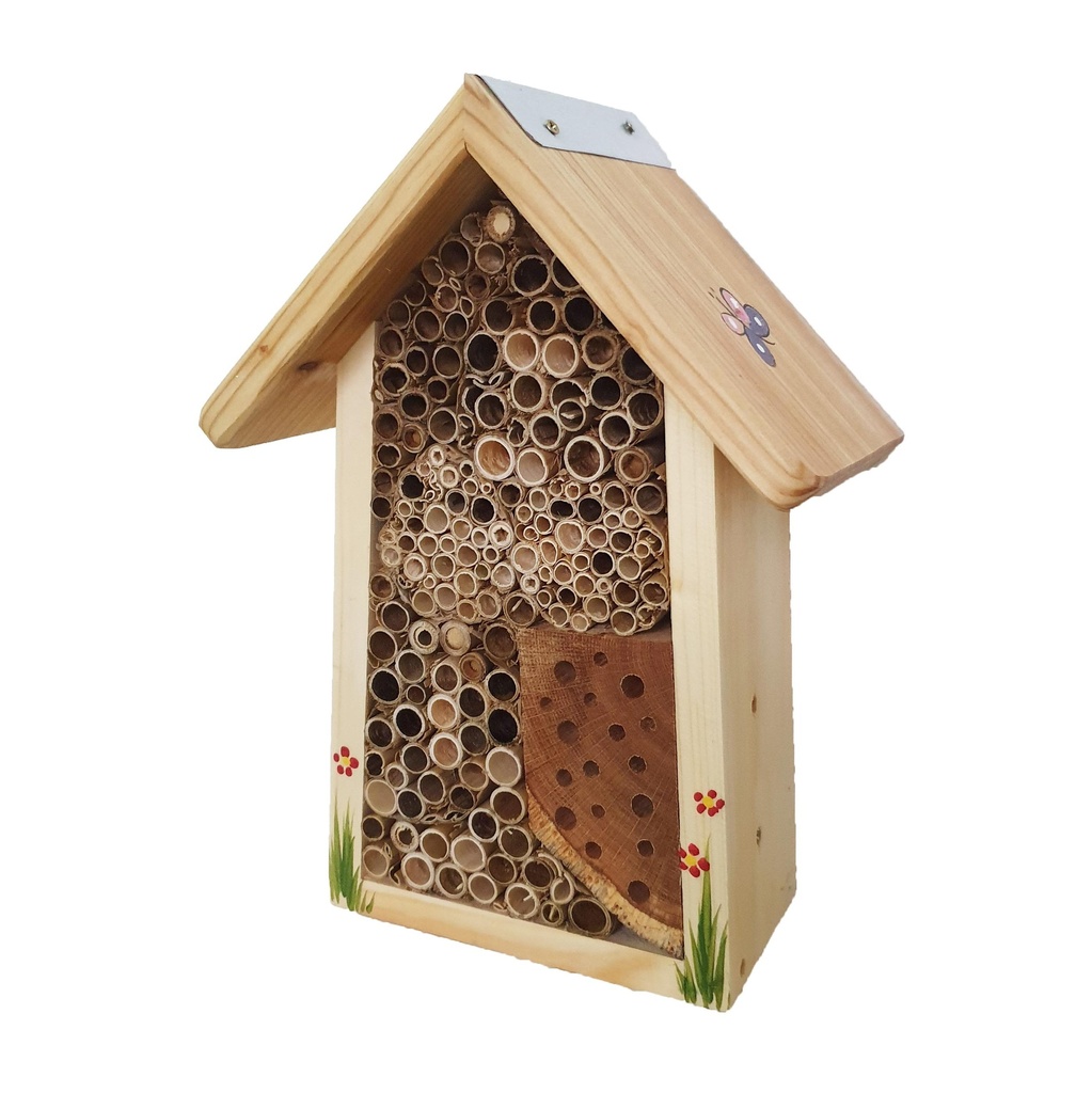 Petit hôtel pour abeilles sans enseigne avec toit couleur papillons