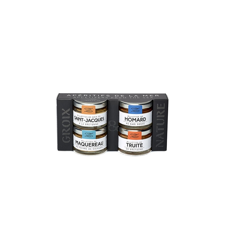 Coffret Rillettes 4x30g (St jacques / Homard / Truite / Maquereau au Poivre)