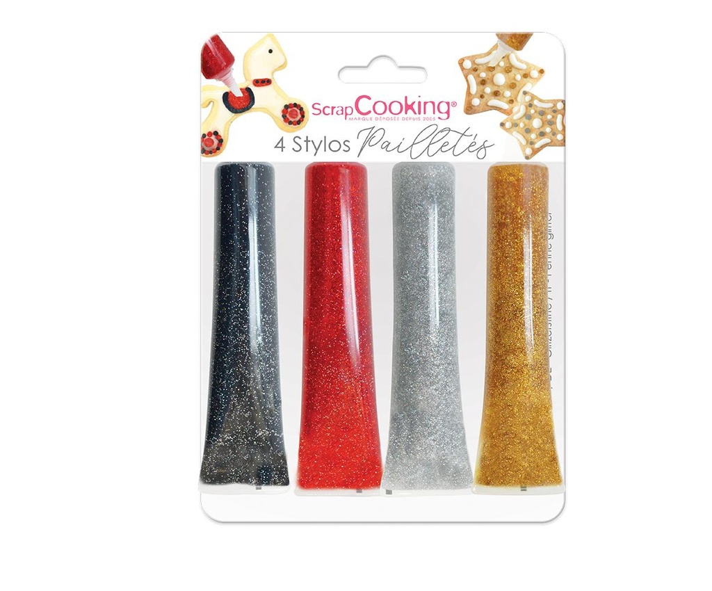 4 STYLOS PAILLETES NOIR, ROUGE, GRIS, DORE SCR 247073