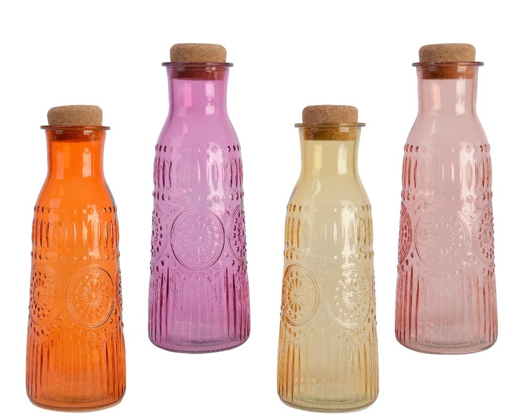 Carafe colorée Fleurs avec bouchon liège 1l.