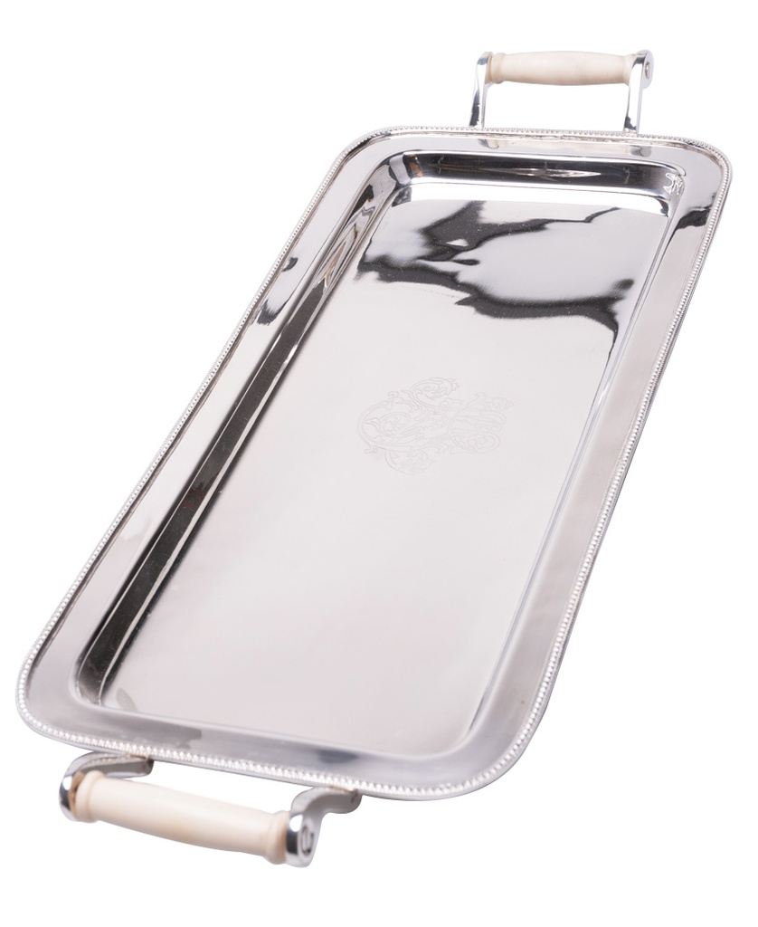 Plateau rectangle avec poignées en os argenté