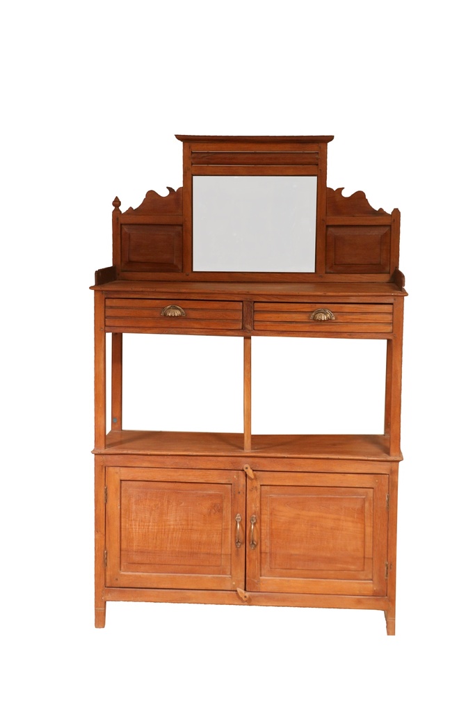 Desserte 2 tiroirs et 2 portes avec miroir en teck ancien