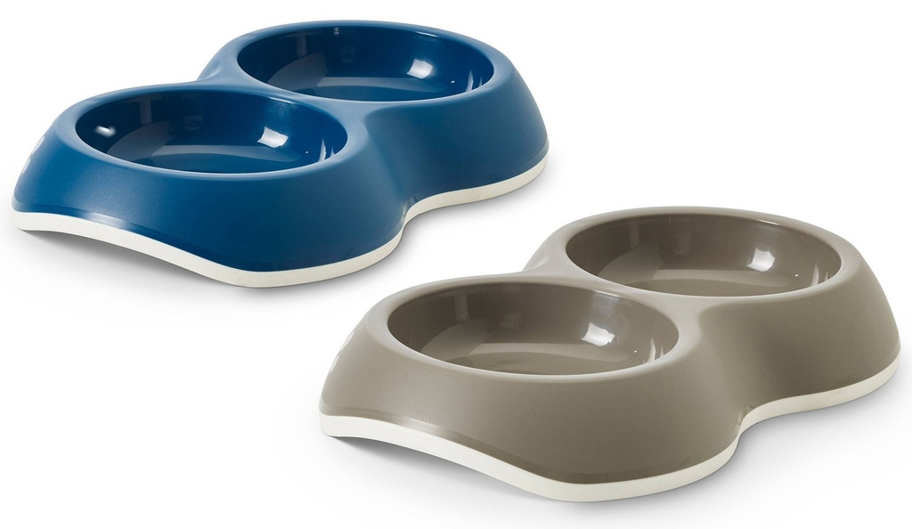 Mangeoire plastique Delice double, 2 x Ø 10.5 cm 200 ml, 26 x 15.5 x 4 cm, ass.