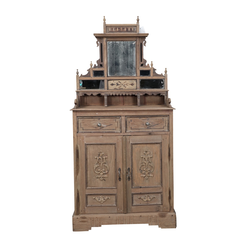 Buffet 2 tiroirs, 2 portes avec miroir en teck ancien